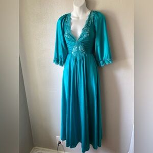 70s Vintage Olga Green Lace Maxi Nightgown full sweep